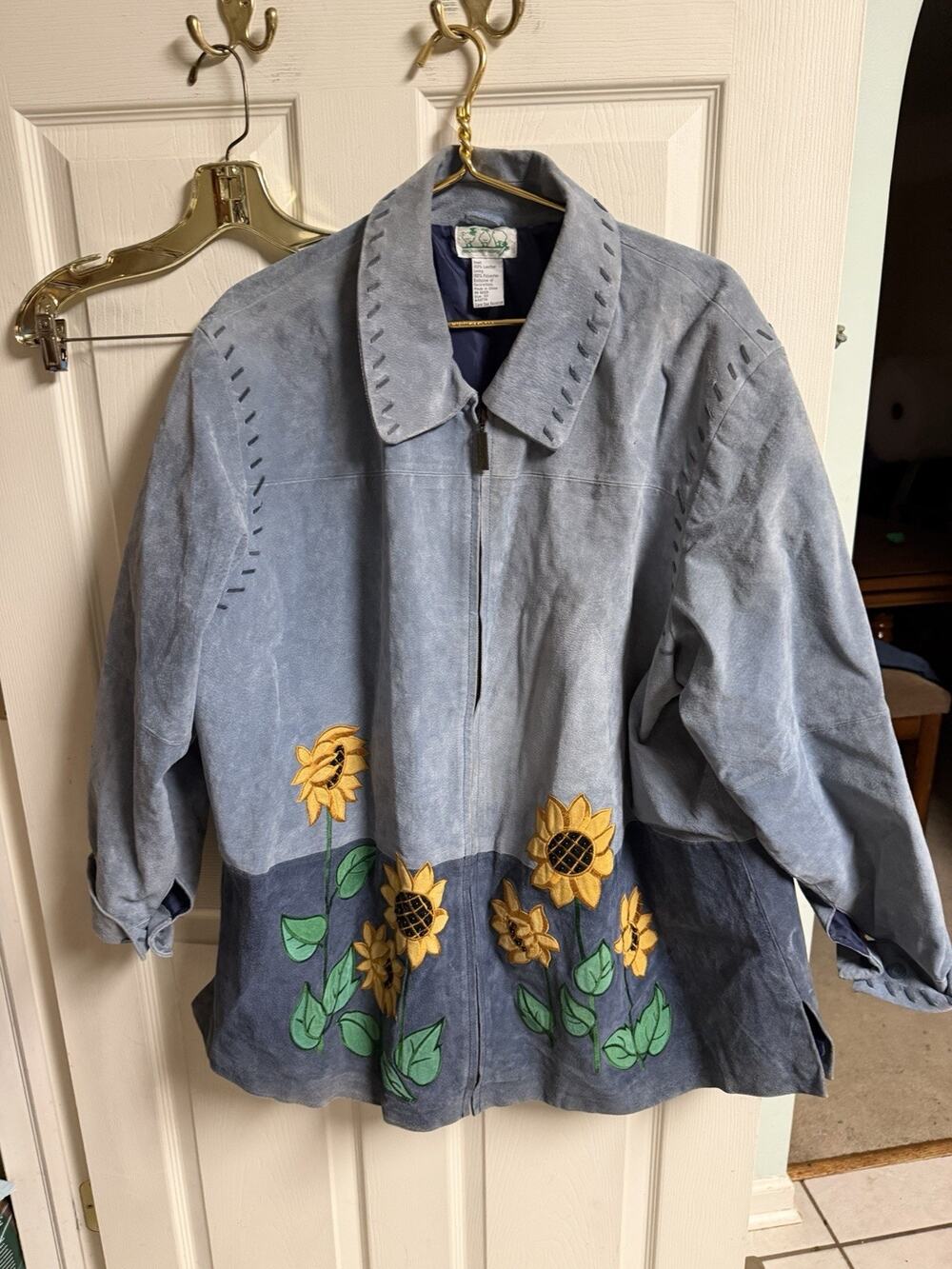 Blue Quacker Factory Womens Jacket Large Embroidered Sunflower Suede Leather 3x